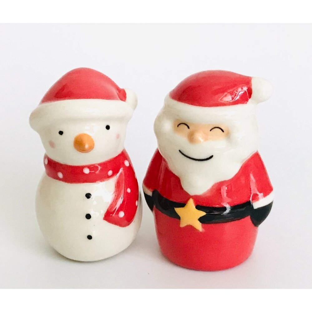 Christmas Salt & Pepper Shakers Ceramic Santa & Snowman Red & White Pair Set